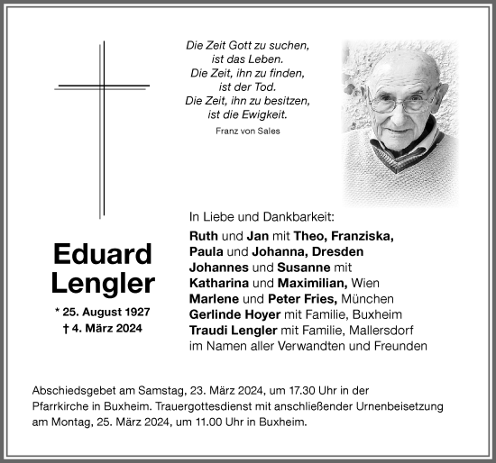 Traueranzeige von Eduard Lengler von Memminger Zeitung