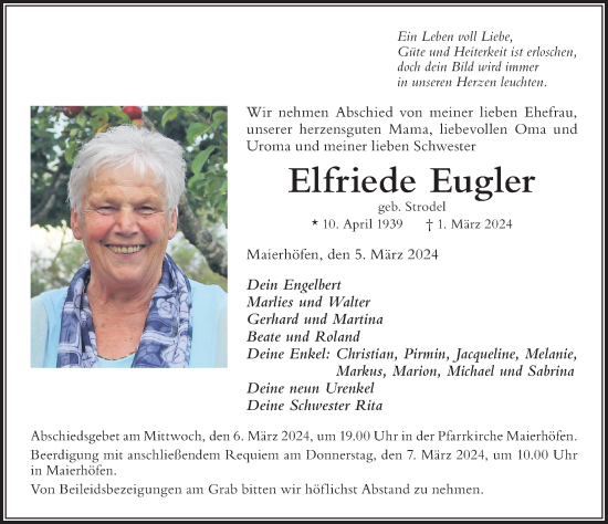 Traueranzeige von Elfriede Eugler von Der Westallgäuer