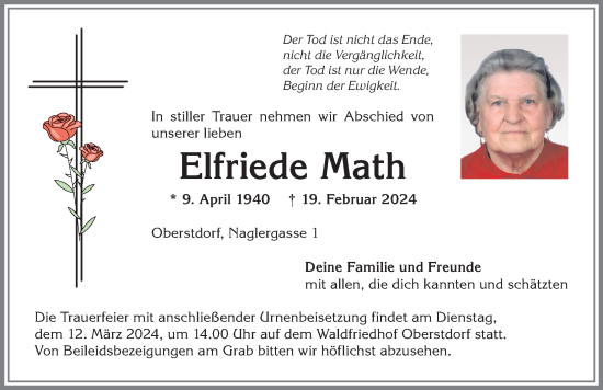 Traueranzeige von Elfriede Math von Allgäuer Anzeigeblatt