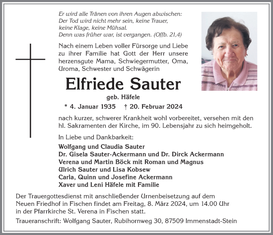 Traueranzeige von Elfriede Sauter von Allgäuer Anzeigeblatt