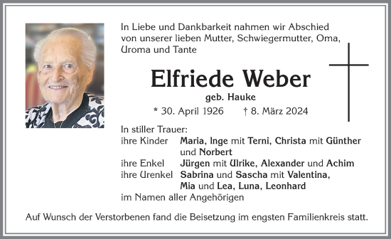 Traueranzeige von Elfriede Weber von Allgäuer Zeitung, Kaufbeuren/Buchloe