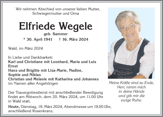 Traueranzeige von Elfriede Wegele von Allgäuer Zeitung, Marktoberdorf