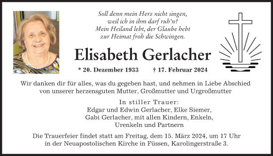 Traueranzeige von Elisabeth Gerlacher von Allgäuer Zeitung, Füssen