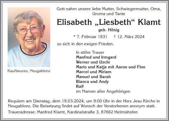 Traueranzeige von Elisabeth Klamt von Allgäuer Zeitung, Kaufbeuren/Buchloe