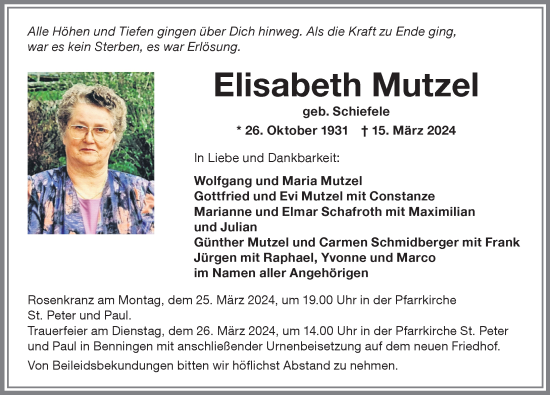 Traueranzeige von Elisabeth Mutzel von Memminger Zeitung