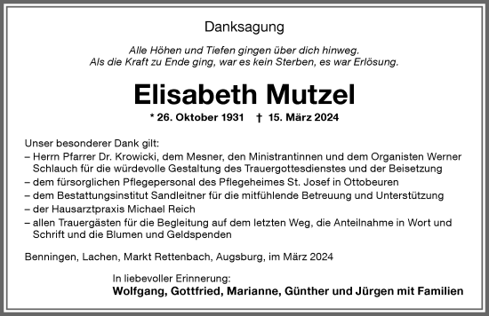 Traueranzeige von Elisabeth Mutzel von Memminger Zeitung