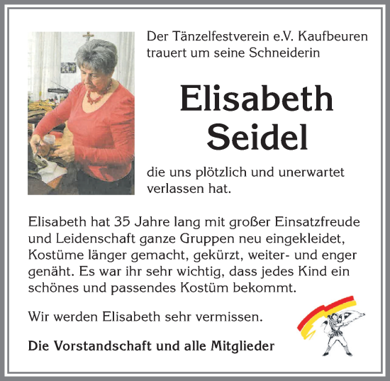 Traueranzeige von Elisabeth Seidel von Allgäuer Zeitung, Kaufbeuren/Buchloe