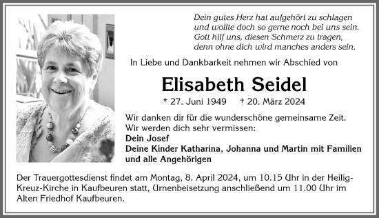 Traueranzeige von Elisabeth Seidel von Allgäuer Zeitung, Kaufbeuren/Buchloe