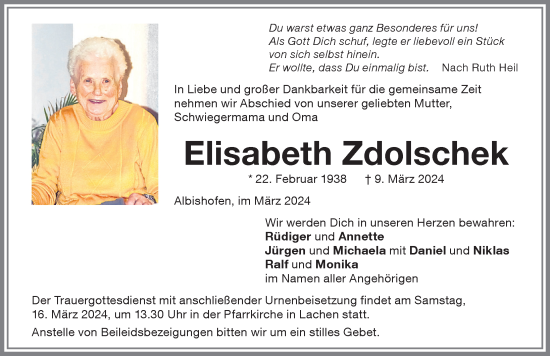 Traueranzeige von Elisabeth Zdolschek von Memminger Zeitung