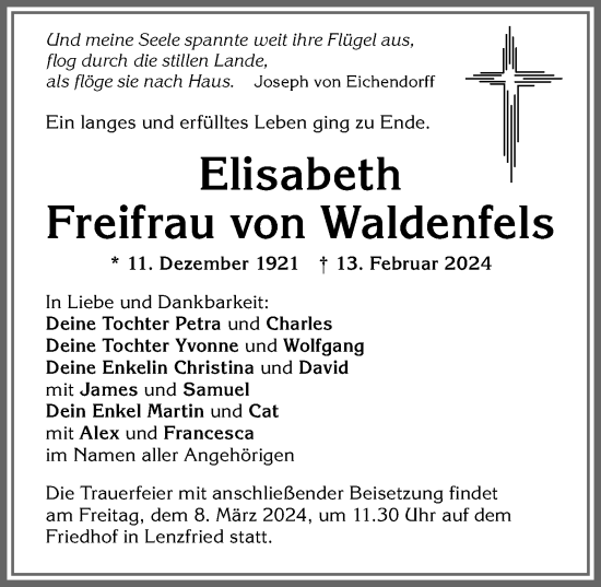 Traueranzeige von Elisabeth Freifrau von Waldenfels von Allgäuer Zeitung,Kempten