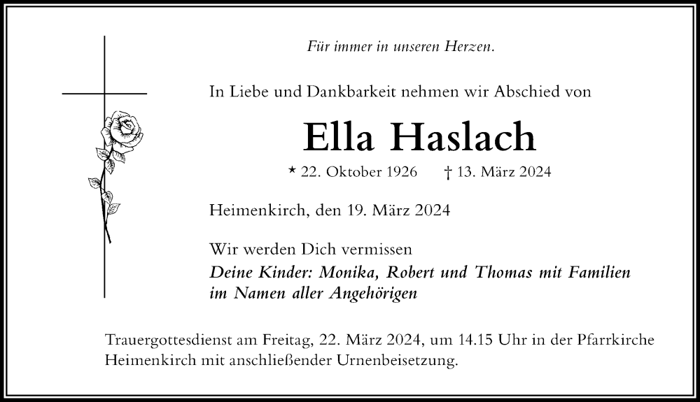  Traueranzeige für Ella Haslach vom 19.03.2024 aus Der Westallgäuer
