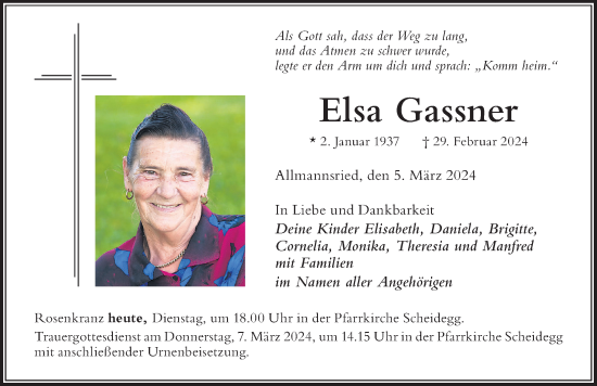 Traueranzeige von Elsa Gassner von Der Westallgäuer