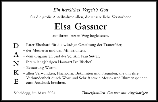 Traueranzeige von Elsa Gassner von Der Westallgäuer