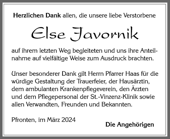 Traueranzeige von Else Javornik von Allgäuer Zeitung, Füssen