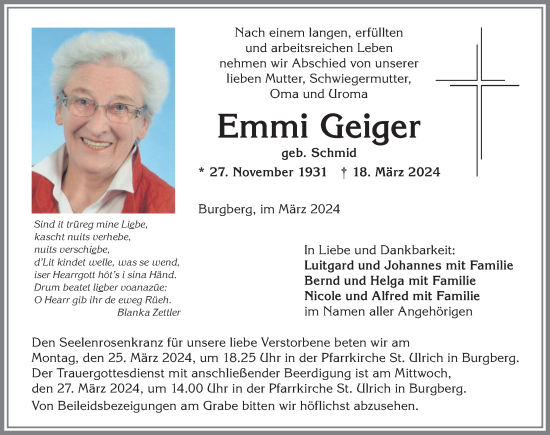 Traueranzeige von Emmi Geiger von Allgäuer Anzeigeblatt