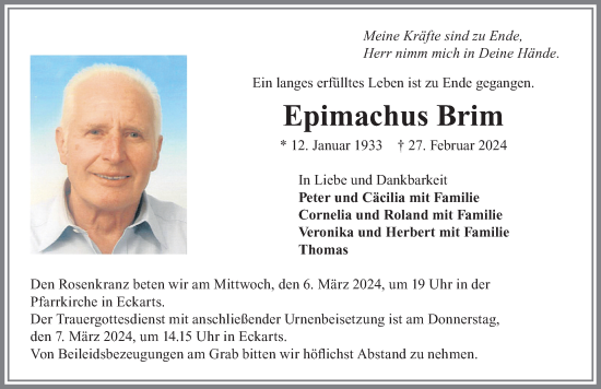 Traueranzeige von Epimachus Brim von Allgäuer Zeitung,Kempten