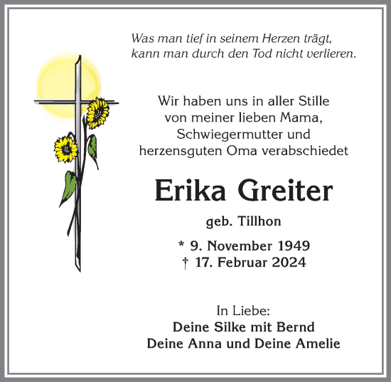 Traueranzeige von Erika Greiter von Allgäuer Anzeigeblatt