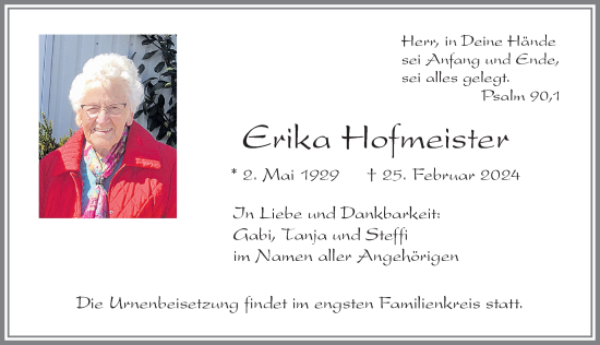 Traueranzeige von Erika Hofmeister von Allgäuer Zeitung,Kempten