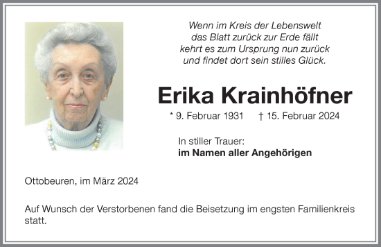 Traueranzeige von Erika Krainhöfner von Memminger Zeitung