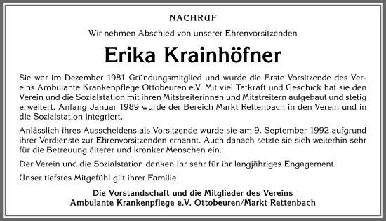 Traueranzeige von Erika Krainhöfner von Memminger Zeitung