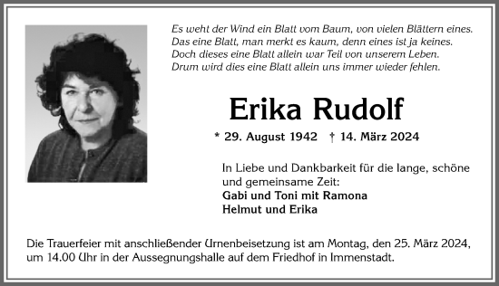 Traueranzeige von Erika Rudolf von Allgäuer Anzeigeblatt