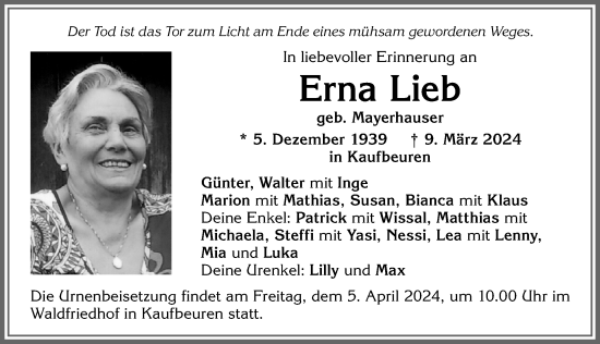 Traueranzeige von Erna Lieb von Allgäuer Zeitung, Kaufbeuren/Buchloe