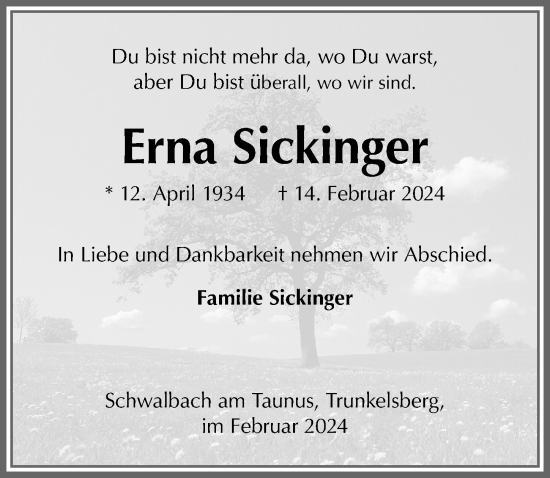 Traueranzeige von Erna Sickinger von Memminger Zeitung