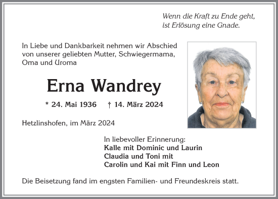 Traueranzeige von Erna Wandrey von Allgäuer Zeitung,Kempten