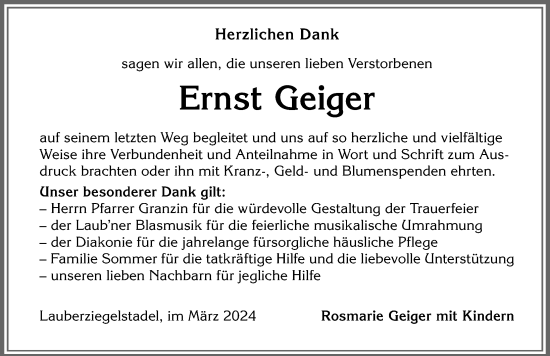 Traueranzeige von Ernst Geiger von Memminger Zeitung
