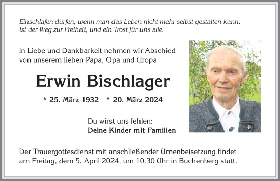 Traueranzeige von Erwin Bischlager von Allgäuer Zeitung,Kempten