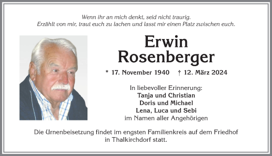 Traueranzeige von Erwin Rosenberger von Allgäuer Anzeigeblatt