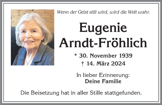 Traueranzeige von Eugenie Arndt-Fröhlich von Allgäuer Zeitung,Kempten