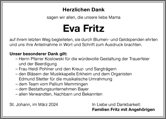 Traueranzeige von Eva Fritz von Memminger Zeitung