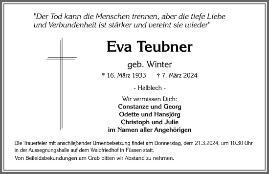 Traueranzeige von Eva Teubner von Allgäuer Zeitung, Füssen