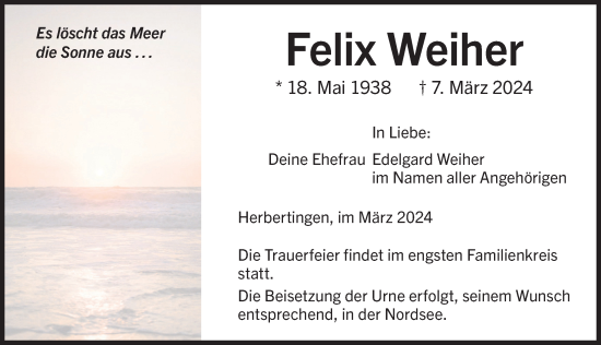 Traueranzeige von Felix Weiher von Allgäuer Zeitung,Kempten