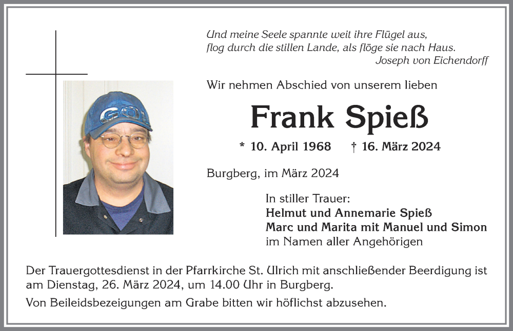  Traueranzeige für Frank Spieß vom 23.03.2024 aus Allgäuer Anzeigeblatt