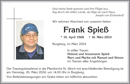 Traueranzeige von Frank Spieß von Allgäuer Anzeigeblatt