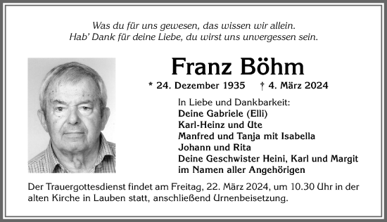 Traueranzeige von Franz Böhm von Allgäuer Zeitung,Kempten