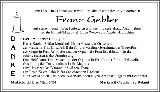 Traueranzeige von Franz Gebler von Allgäuer Zeitung, Marktoberdorf