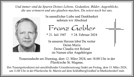 Traueranzeige von Franz Gebler von Allgäuer Zeitung, Marktoberdorf