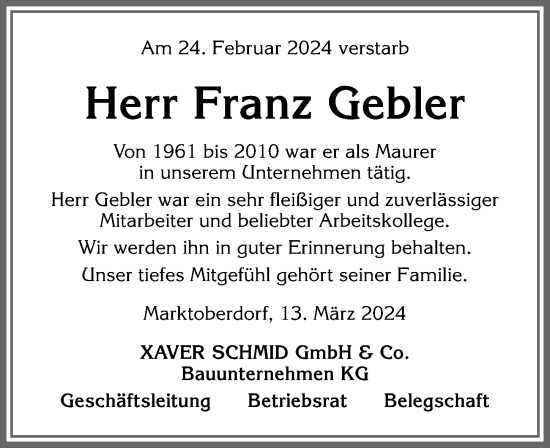 Traueranzeige von Franz Gebler von Allgäuer Zeitung, Marktoberdorf