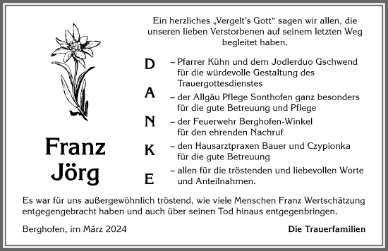 Traueranzeige von Franz Jörg von Allgäuer Anzeigeblatt