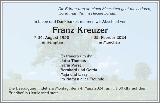 Traueranzeige von Franz Kreuzer von Allgäuer Zeitung,Kempten