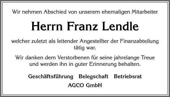 Traueranzeige von Franz Lendle von Allgäuer Zeitung, Marktoberdorf