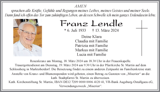 Traueranzeige von Franz Lendle von Allgäuer Zeitung, Marktoberdorf