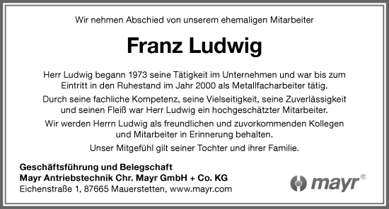 Traueranzeige von Franz Ludwig von Allgäuer Zeitung, Kaufbeuren/Buchloe