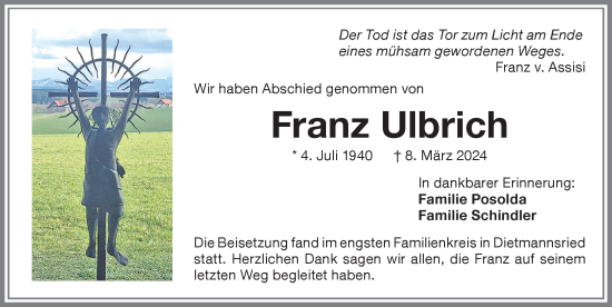 Traueranzeige von Franz Ulbrich von Memminger Zeitung