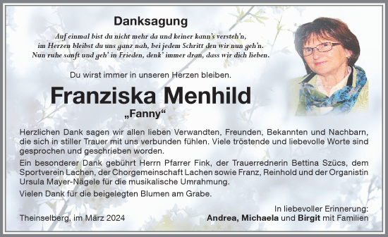 Traueranzeige von Franziska Menhild von Memminger Zeitung