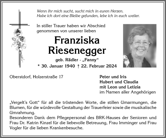 Traueranzeige von Franziska Riesenegger von Allgäuer Anzeigeblatt