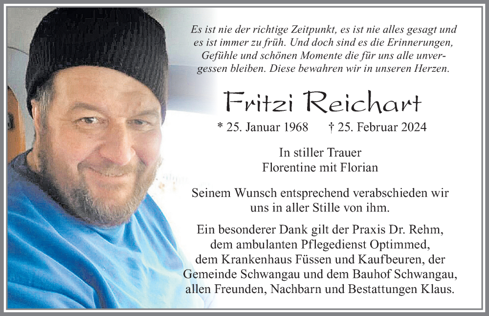  Traueranzeige für Fritzi Reichart vom 02.03.2024 aus Allgäuer Zeitung, Füssen